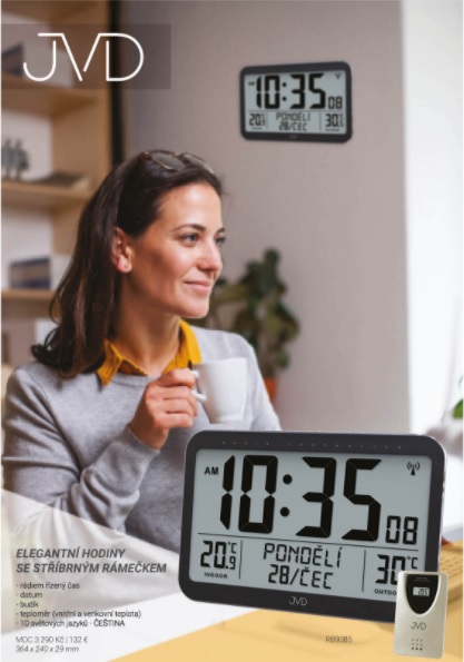 Rádiem řízené digitální hodiny JVD RB9385 s měřením vnitřní i venkovní teploty